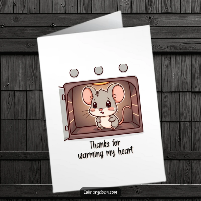 Funny Free Printable Thank You Card: Curious mouse character peeking into an oven, wondering what deliciousness awaits.