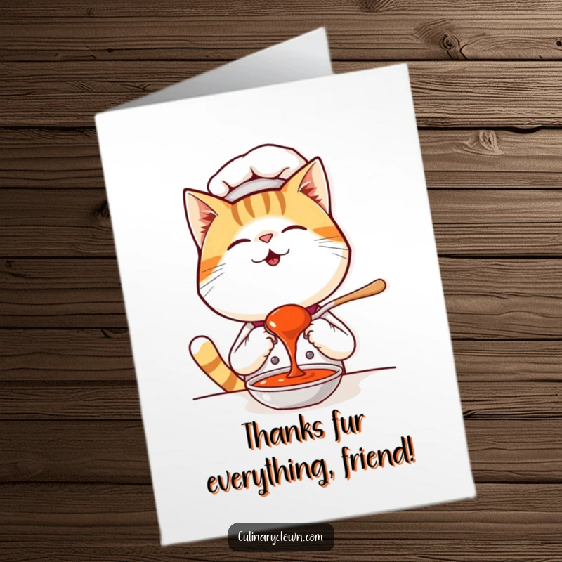 Funny Free Printable Thank You Card: A kawaii cat chef giggling while tasting a spoonful of sauce to show gratitude.