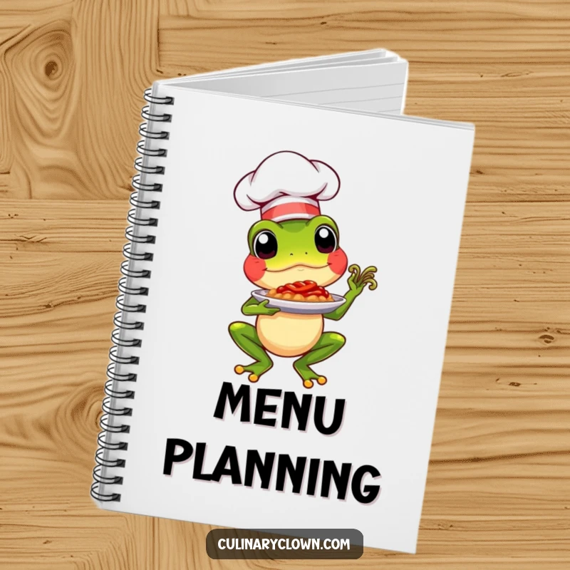 Funny chef frog presenting a dish on a notebook cover, a humorous and elegant journal.