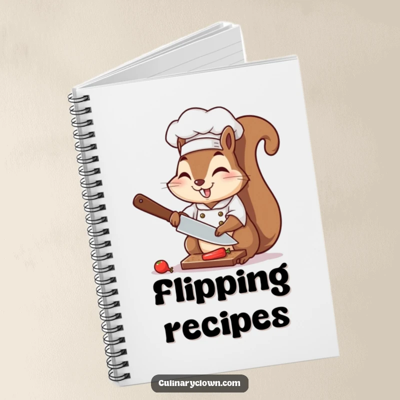 Funny chef squirrel chopping ingredients on a notebook cover, a humorous and practical journal.