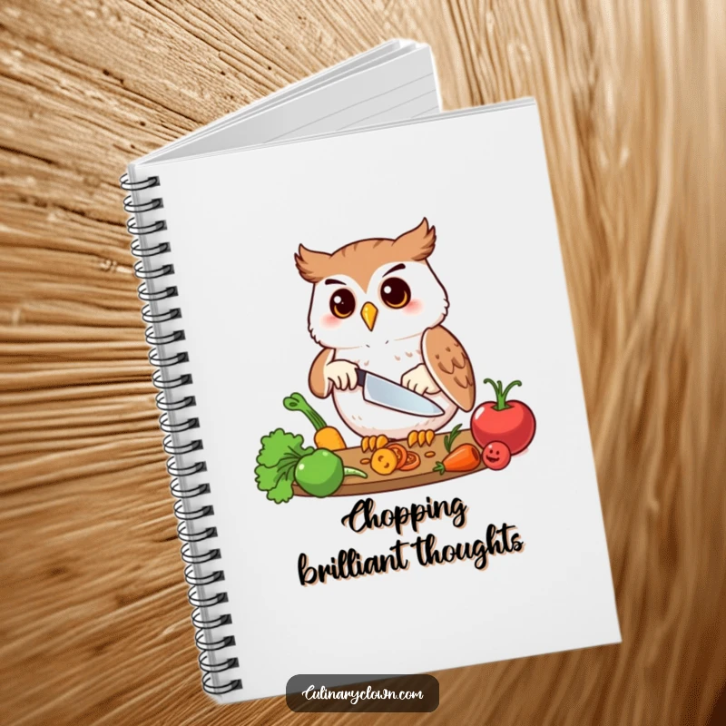 Funny notebook with a happy owl character precisely chopping vegetables, ideal for culinary notes.
