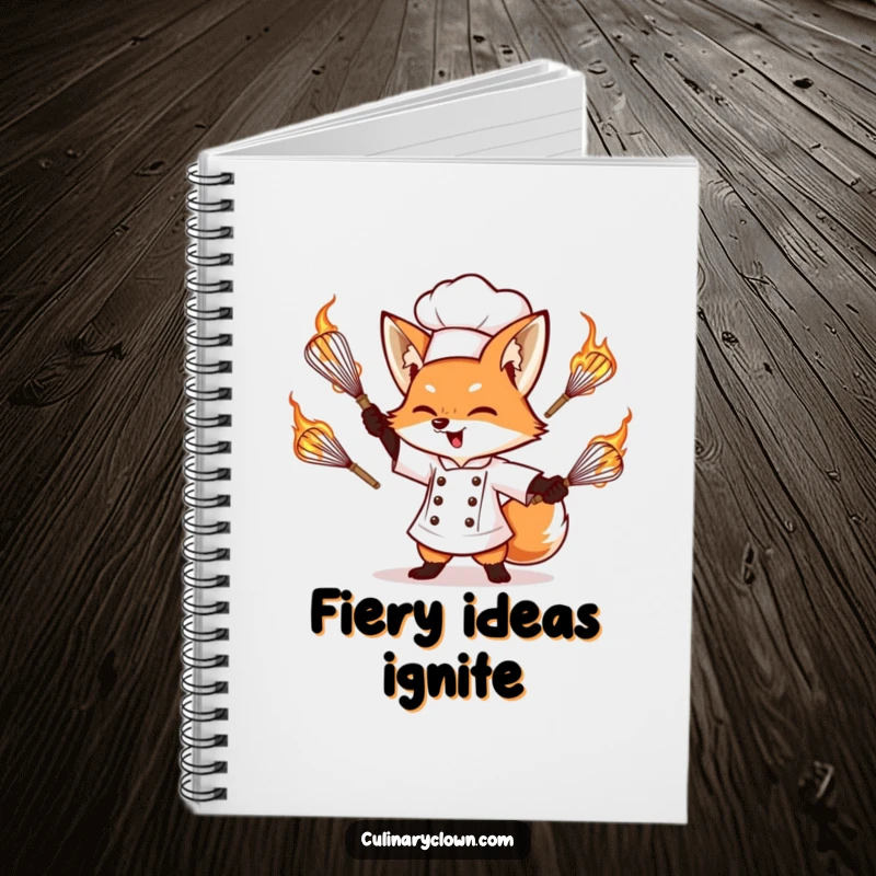 Funny notebook featuring a determined fox chef juggling flaming whisks, ideal for jotting down recipes and culinary inspirations.