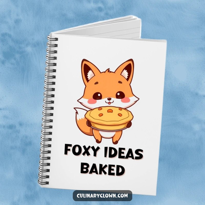 Funny notebook with a cheerful fox character proudly presenting a baked pie, ideal for recipe storage.
