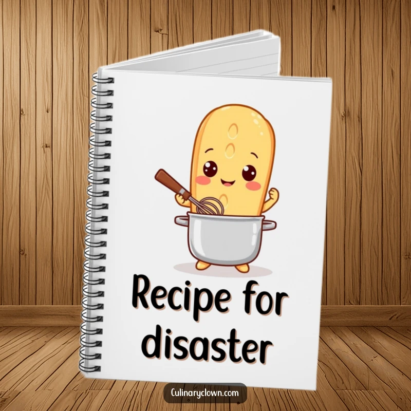 Funny Notebook with a playful baguette character, bright-eyed and whisking, perfect for jotting down recipes or daily musings.