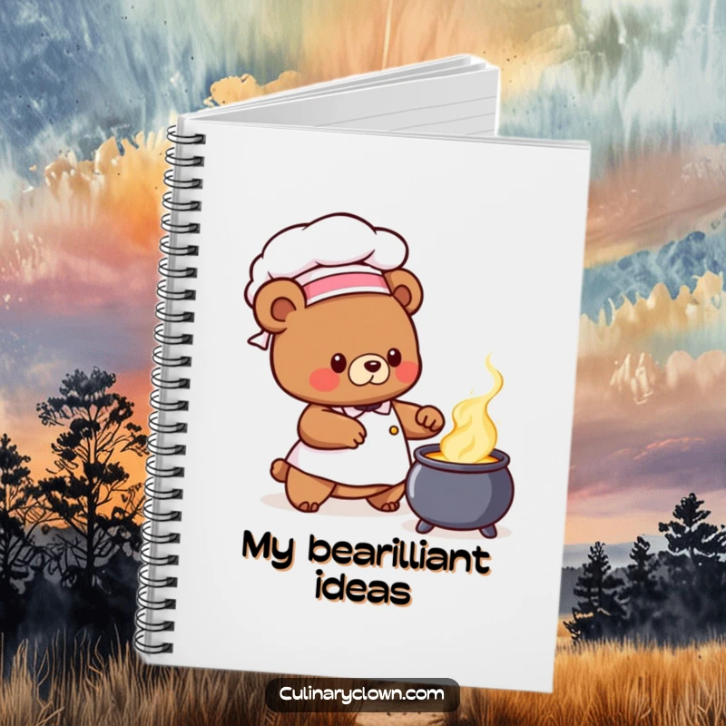 Cute bear chef character wearing a chef hat and stirring a bubbling cauldron, on a lined notebook, perfect funny gift.