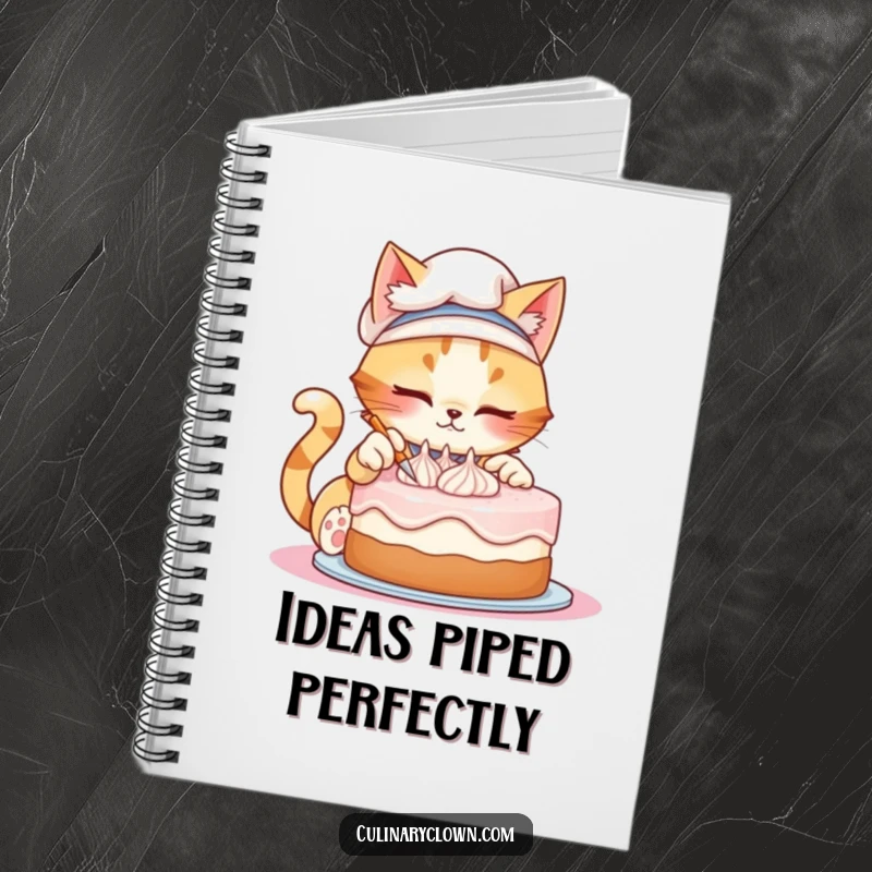 Funny notebook with a mischievous cat chef decorating a cake, ideal for writing recipes, notes, and creative culinary ideas.