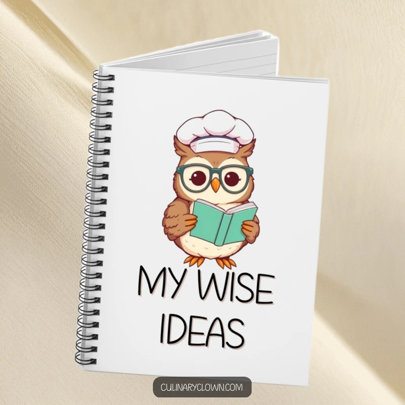 Funny notebook with a smiling chef owl wearing glasses, reading a recipe, ideal for journaling culinary ideas with wisdom.