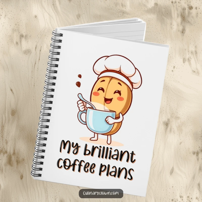 Funny notebook with a joyful coffee bean chef character stirring a mug, great for writing, drawing, or planning with a humorous flair.