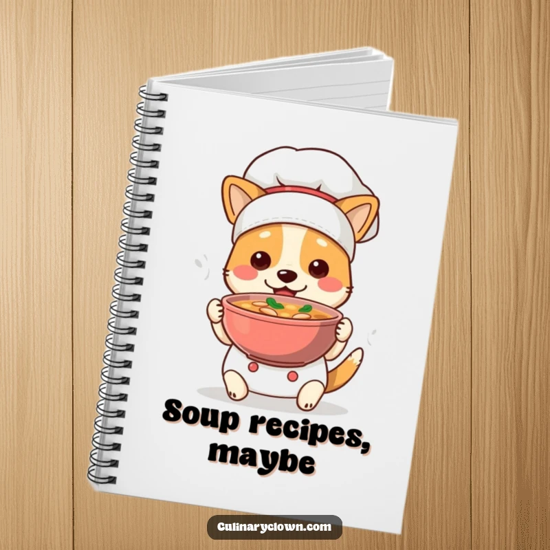 Funny Dog Chef Notebook: Features a cute dog chef proudly presenting a steaming soup bowl, perfect for note-taking and recipe writing.