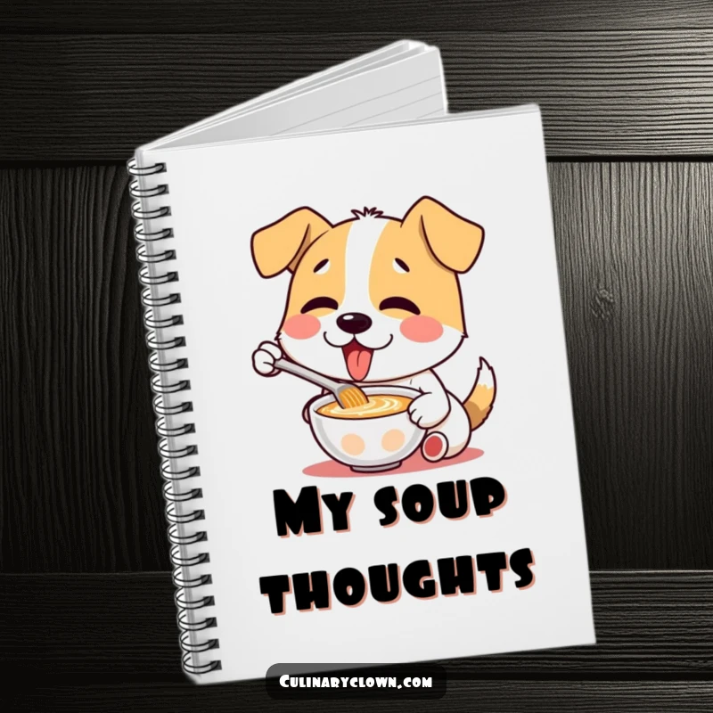 Funny notebook with a happy dog character enjoying a bowl of soup, ideal for jotting down recipes and ideas.