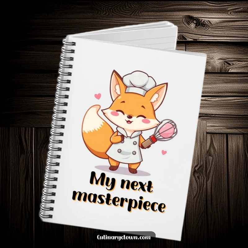 Funny determined fox chef character whisking pink batter on the cover of a notebook.