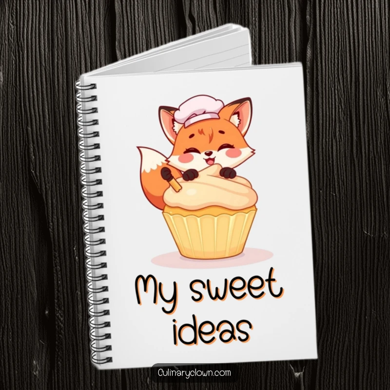 Funny Kawaii Fox Chef Notebook: A cute journal featuring a cartoon fox chef joyfully frosting a giant cupcake, perfect for recipes and notes.
