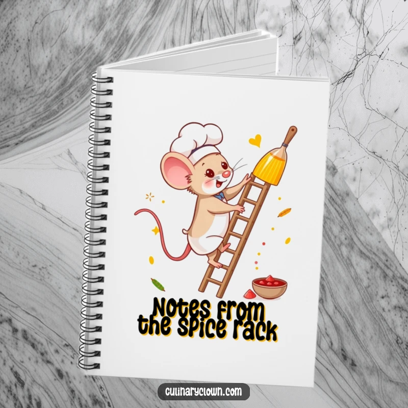 Funny mouse chef notebook showing a brave character climbing for spices, perfect for planning culinary journeys.