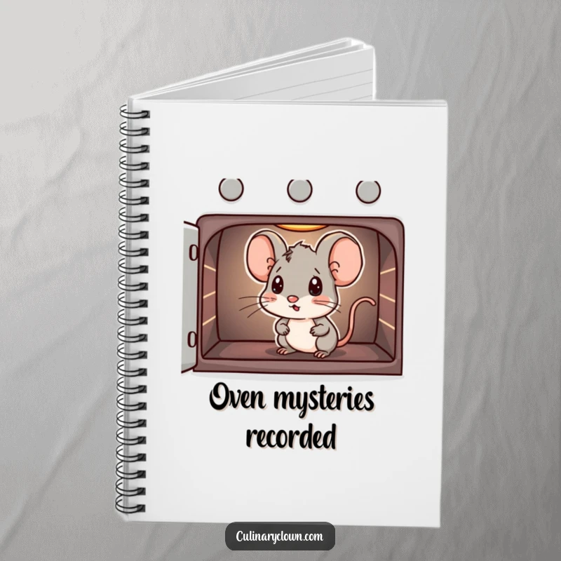 Funny notebook featuring a mouse peeking into an oven, ideal for recording baking recipes and kitchen notes.