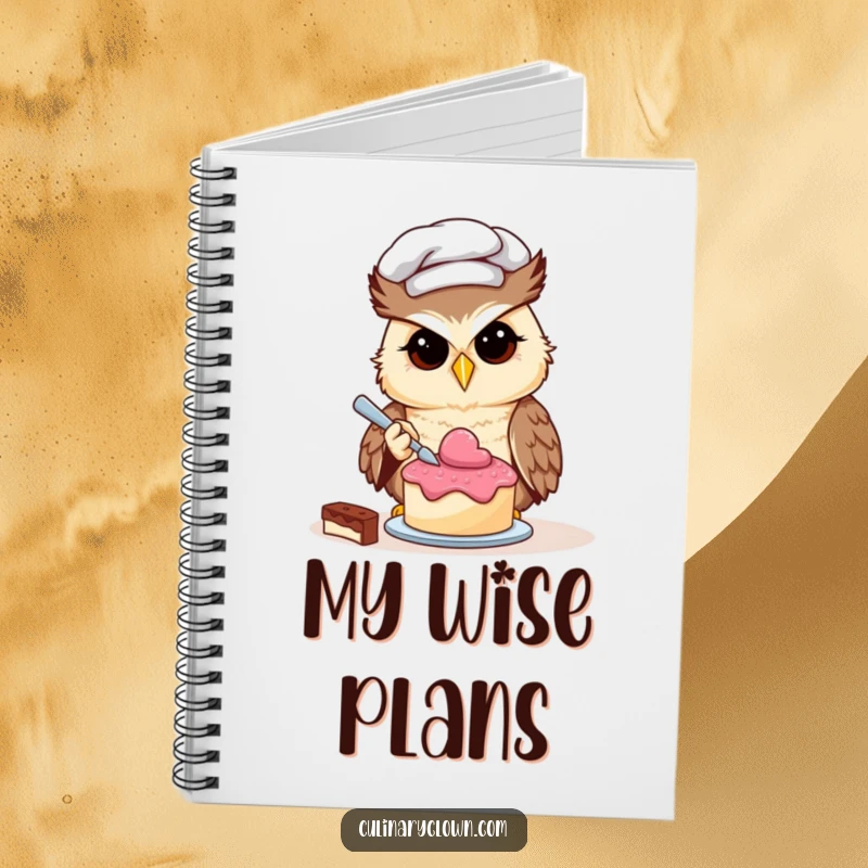 Funny owl chef decorating a tiny cake on a notebook cover, ideal for recipes.