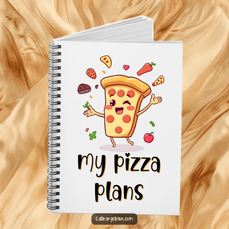 Funny Notebook with a cheerful pizza slice character juggling ingredients, perfect for writing and doodling with a pizza theme.