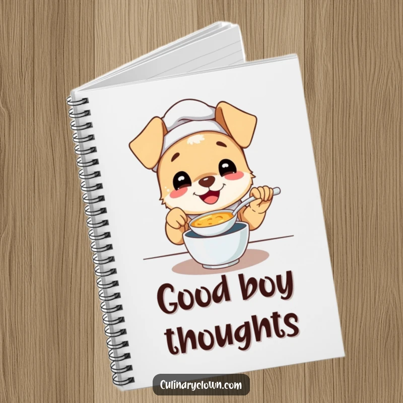 Funny notebook with a gleeful puppy chef tasting soup with a happy expression, ideal for recipes and notes.