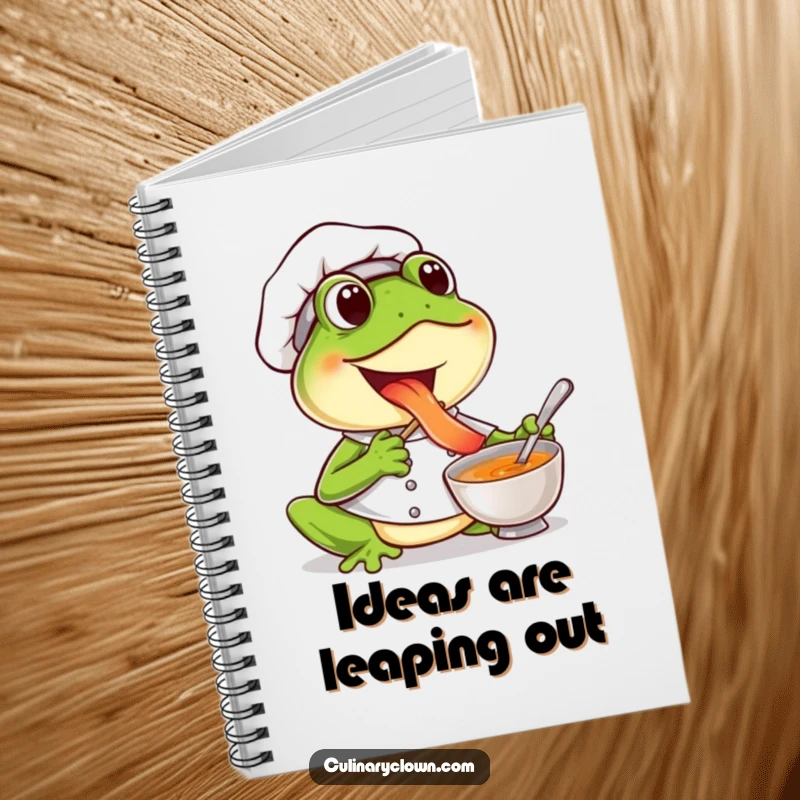Funny frog chef notebook showing a joyful character tasting soup, perfect for jotting down delicious ideas.