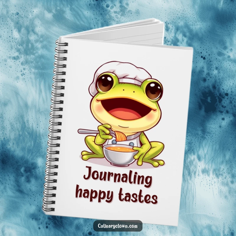 Funny frog chef notebook with a joyful frog in a chef's hat, tasting soup on the cover.