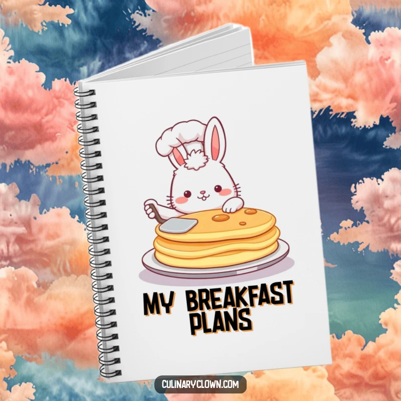 Funny notebook cover with a fluffy bunny chef proudly flipping a large pancake, ready for recipes.