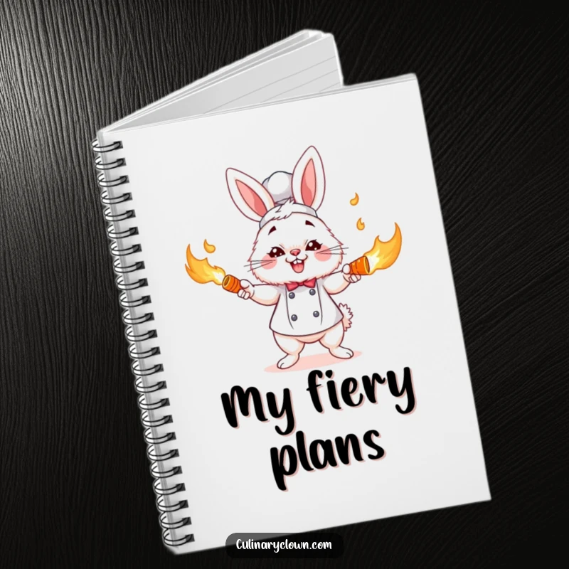Funny bunny chef character intensely concentrating while juggling flaming carrots, on a lined notebook, perfect funny gift.