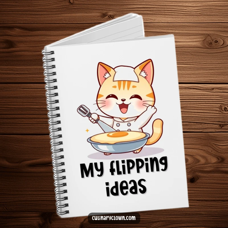 Funny cat chef character enthusiastically attempting to flip a giant pancake, on a lined notebook, perfect funny gift.