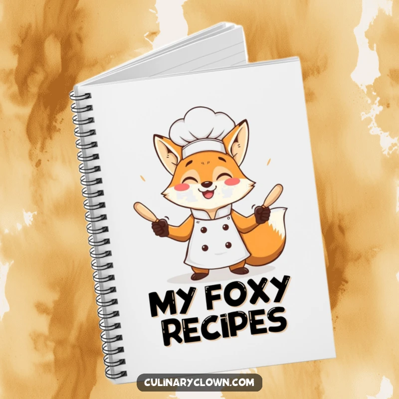Funny fox chef juggling rolling pins with a grin on a notebook cover, for recipes.