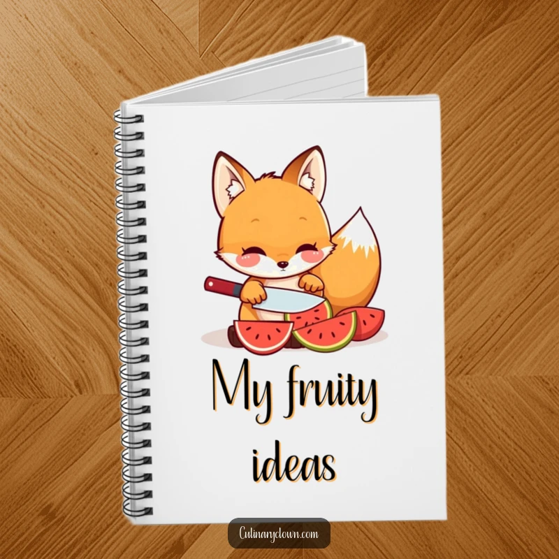 Funny kawaii fox character slicing fruit on a notebook, perfect for jotting down healthy habits.