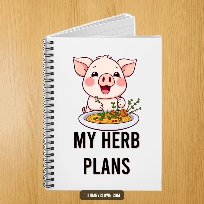 Funny kawaii pig character garnishing a dish on a notebook, perfect for jotting down culinary ideas.