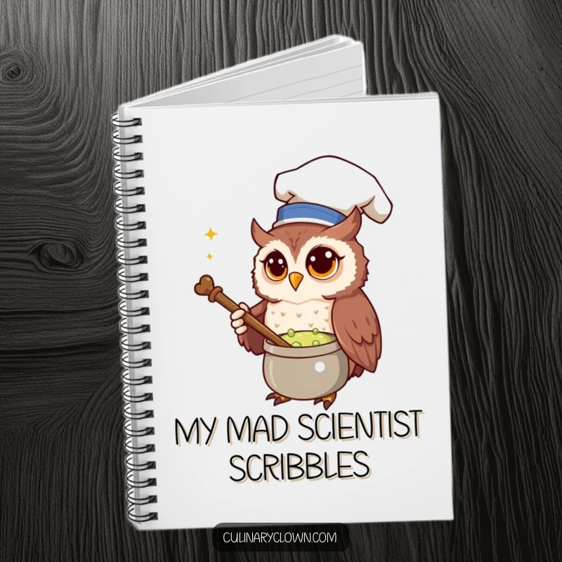 Funny Notebook cover featuring a curious owl chef stirring a bubbling potion, inspiring magical thoughts and creativity.