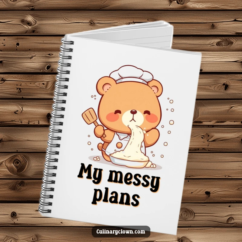 Funny Notebook cover featuring a cute kawaii bear chef in a comical flour spray, inspiring creative and fun kitchen planning.