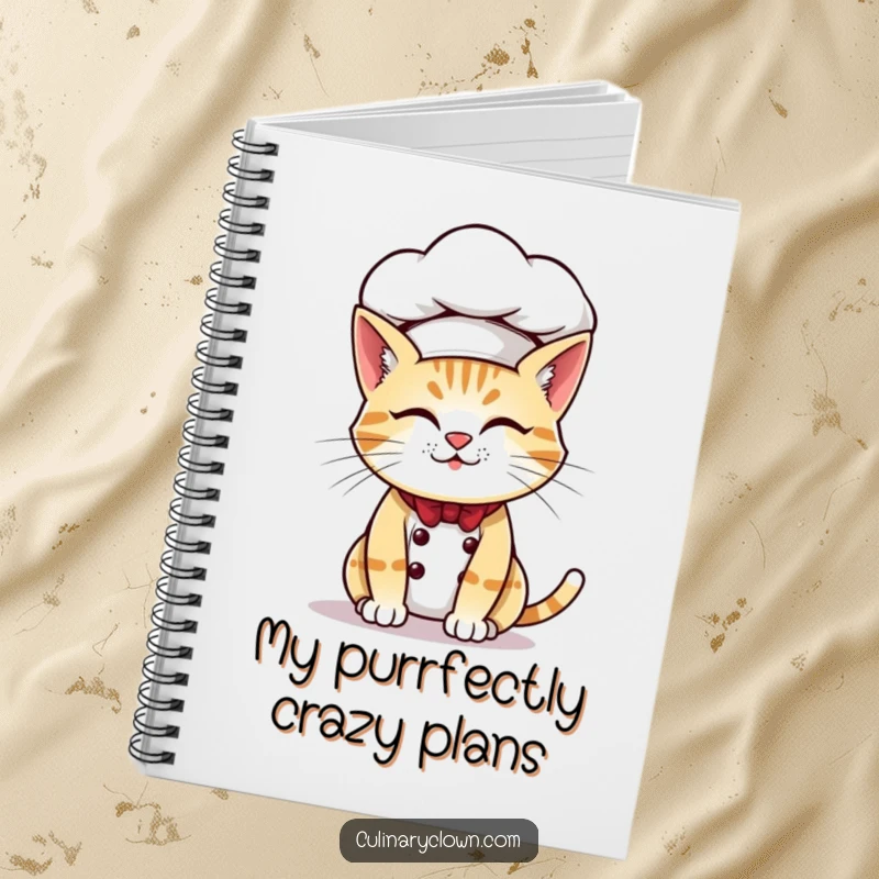 Funny notebook with a mischievous cat chef and an oversized chef hat, perfect for jotting down recipes and ideas.