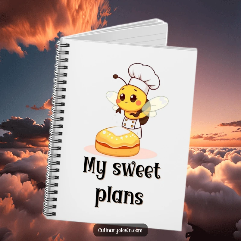 Funny bee chef sprinkling sugar onto a pastry, a humorous and practical notebook for recipes and baking notes.
