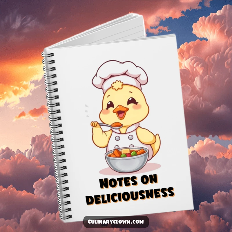 Funny Kawaii Duck Chef Notebook: A cute duck chef is tasting a spoonful of stew, perfect for jotting down recipes and culinary notes.