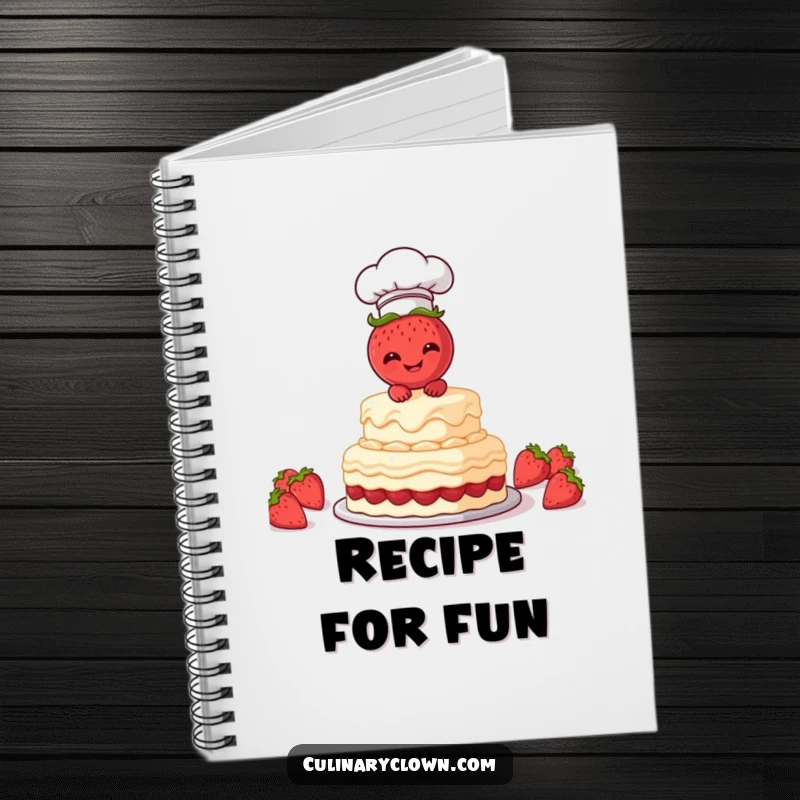 Funny Notebook with a strawberry chef adorning the cover, perfect for jotting down baking ideas with a humorous touch.