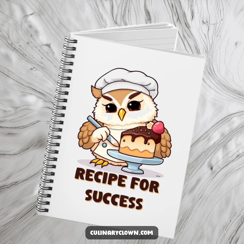 Funny owl chef notebook with a determined owl in a chef's hat, sketching plans for decorating a miniature cake on the cover.