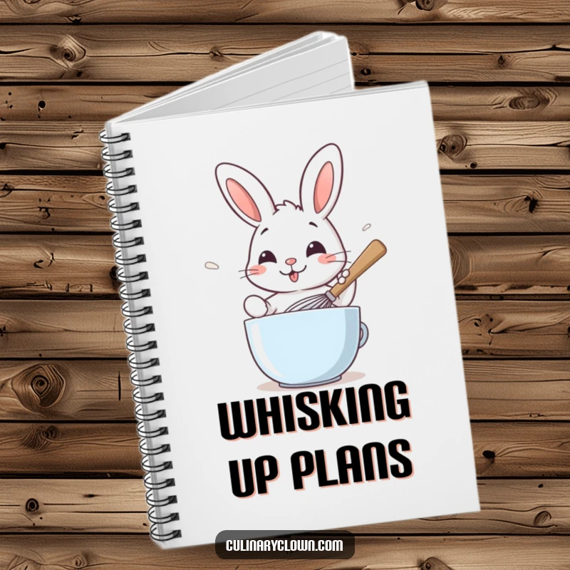 Funny notebook with a smiling rabbit character whisking batter with a giant spoon, ideal for recipe notes.