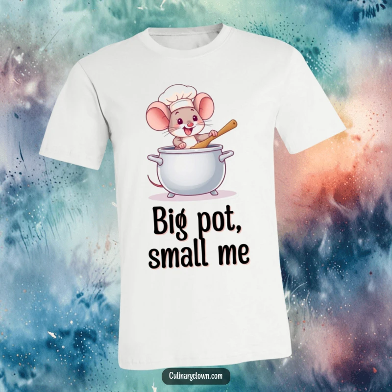 Funny Mouse Chef T-Shirt: A spirited mouse chef stirs a giant bubbling pot, showcasing pure delight in cooking, ideal for foodies.