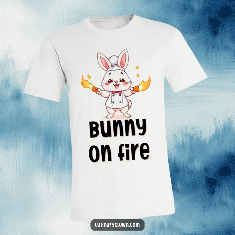 Funny bunny chef character concentrating hard while juggling fiery carrots, on a comical t-shirt, a great funny gift.