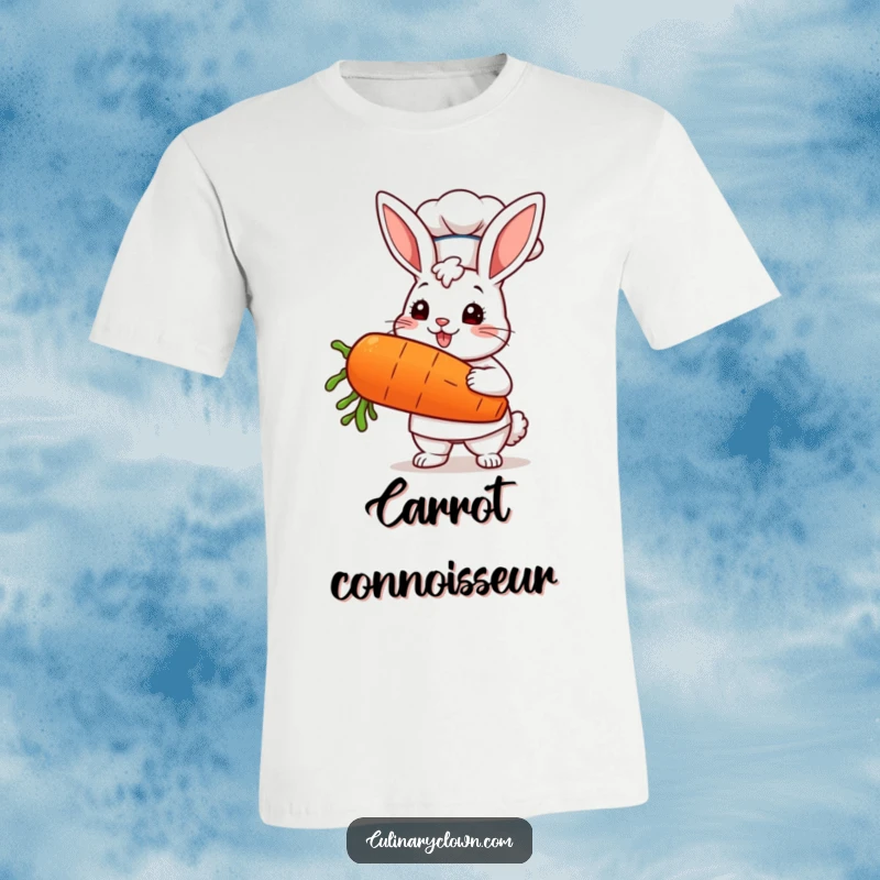 Funny kawaii bunny chef wearing a chef hat proudly holds a ridiculously large carrot on a vibrant t-shirt.