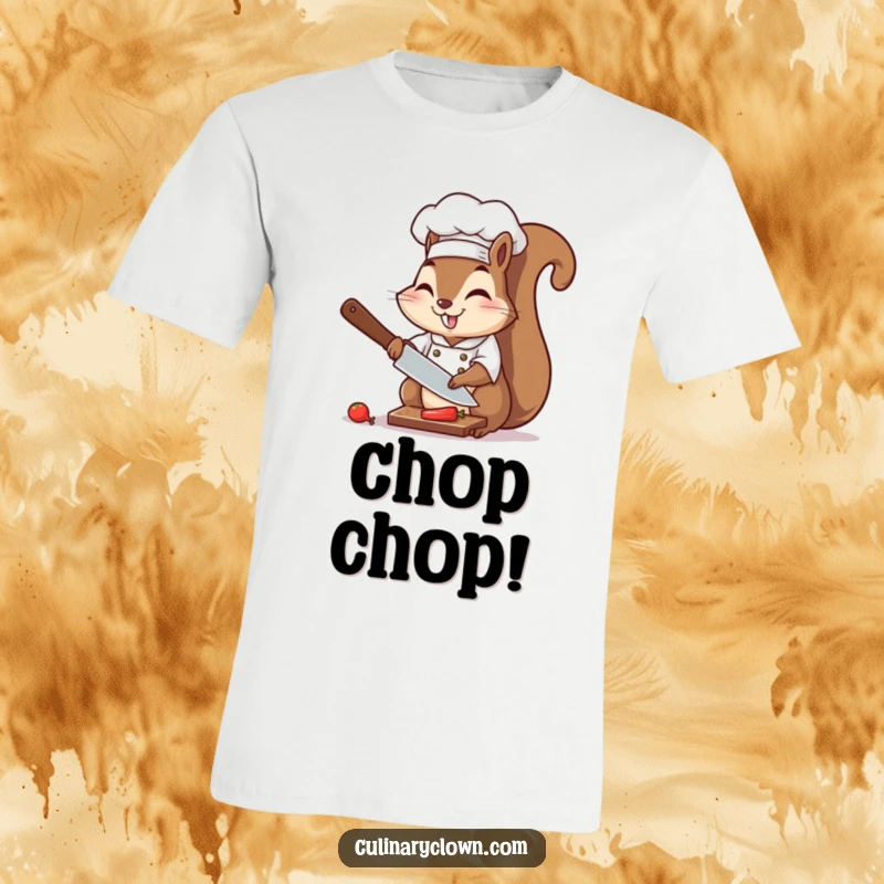 Funny chef squirrel enthusiastically chopping vegetables with a chef's knife, a humorous graphic tee.