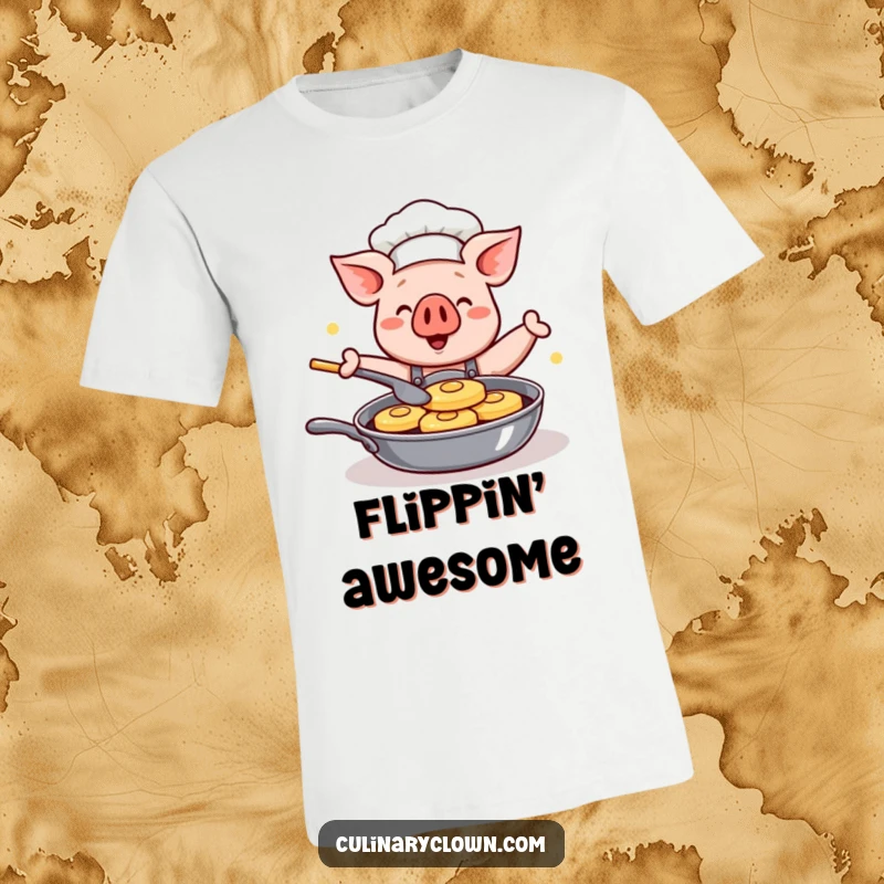 Funny Kawaii Pig Chef T-Shirt: Adorable cartoon pig chef gleefully flipping pancakes in a pan, a fun and tasty fashion statement.