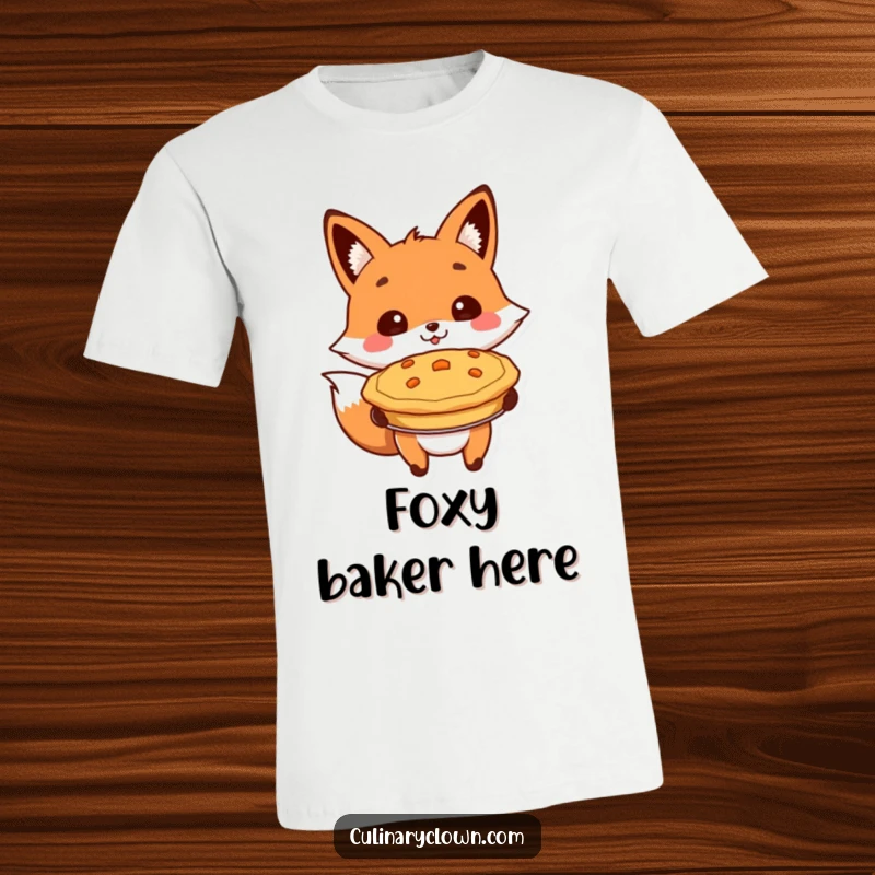 Funny t-shirt showing a cheerful fox character proudly presenting a freshly baked pie, celebrating culinary success.