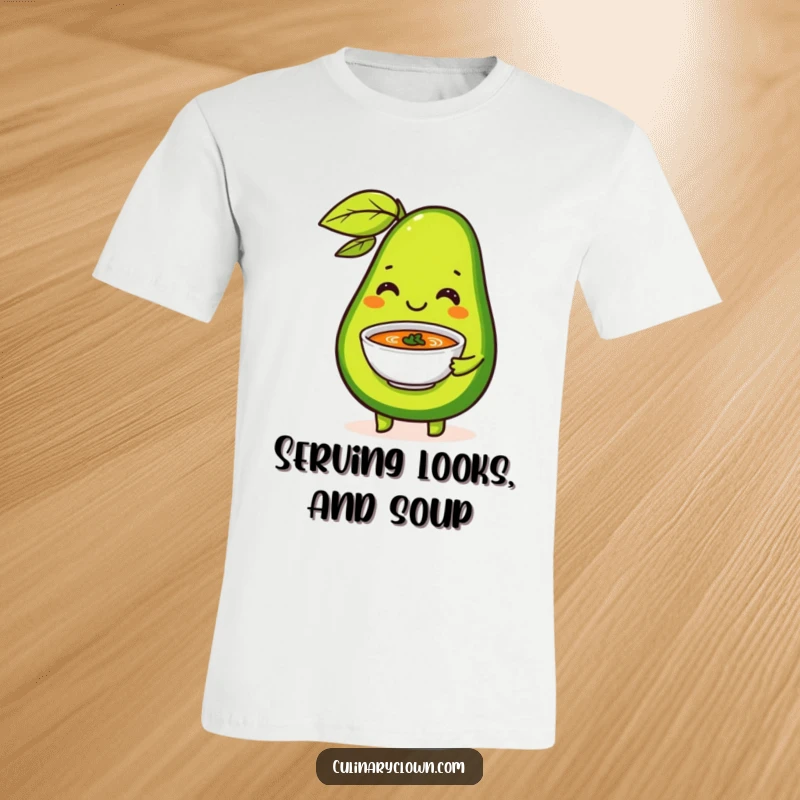 Funny T-Shirt depicting a happy avocado character expertly serving a small bowl of soup with a flourish and a cheerful expression.