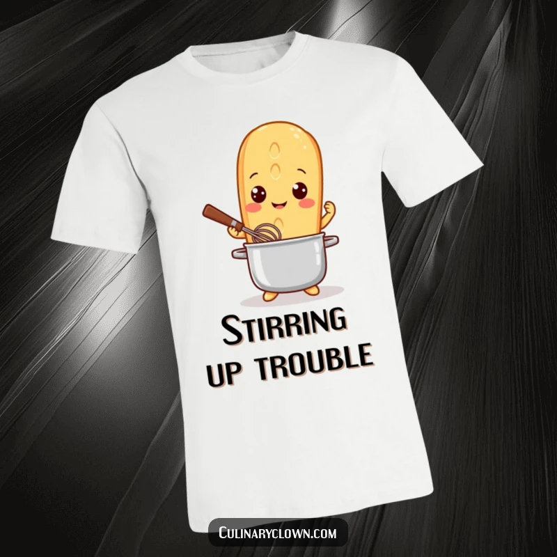 Funny T-Shirt showcasing a cheerful baguette character, bright-eyed and bushy-tailed, whisking a pot with a joyous culinary spirit.