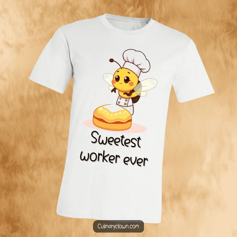 Funny bee chef in a chef hat, sprinkling sugar onto a pastry, on a t-shirt, celebrating baking with humor.