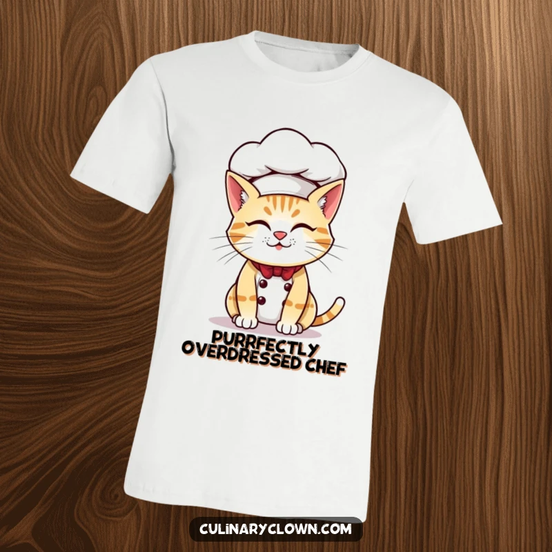 Funny t-shirt of a mischievous cat chef hilariously attempting to wear a chef hat that is much too large.