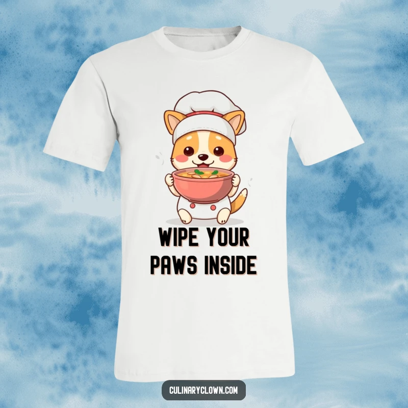 Funny Dog Chef T-Shirt: A cute, smiling dog dressed as a chef proudly holds a steaming bowl of soup, ready to serve.