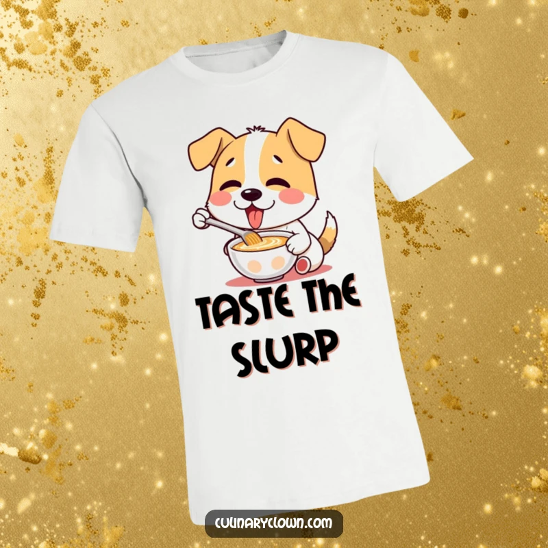 Funny t-shirt showcasing a dog character with eyes closed, ecstatically tasting a steaming bowl of soup with pure delight.