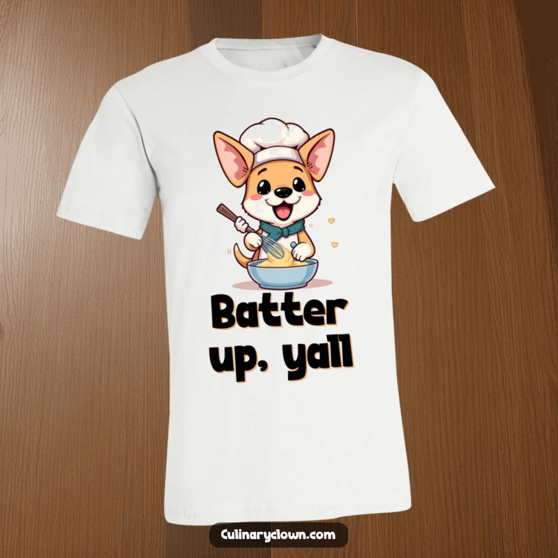 Funny Dog Chef T-Shirt: A dog with oversized ears flopping while enthusiastically whisking batter.